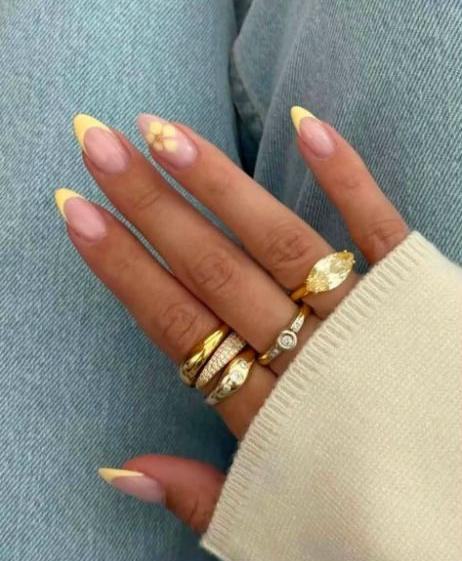Nude nails with gold and lemon tips