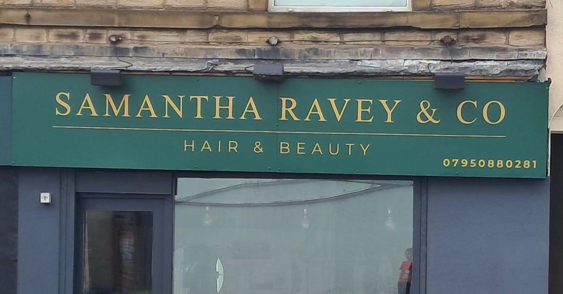 The green and gold Samantha Ravey and Co Hair and Beauty shopfront on Lees High Street